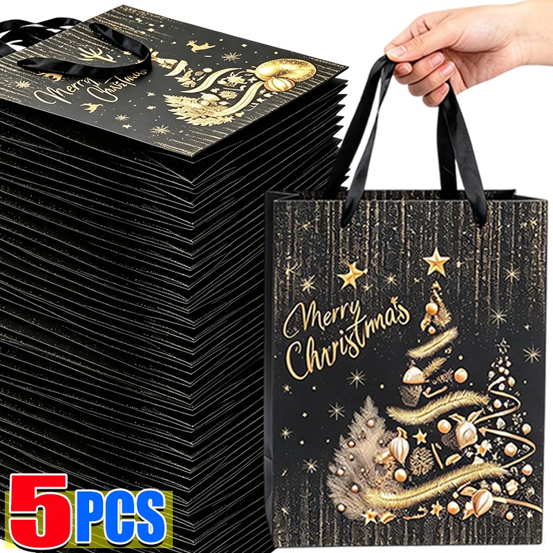 Luxury Xmas Bags - 1/5 Adet Siyah Altın Noel Hediye